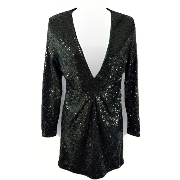 Charlotte Russe Dresses & Skirts - Charlotte Russe Emerald Sequin Dress Jr SzM Deep V Long Sleeve Mini Exposed Zip